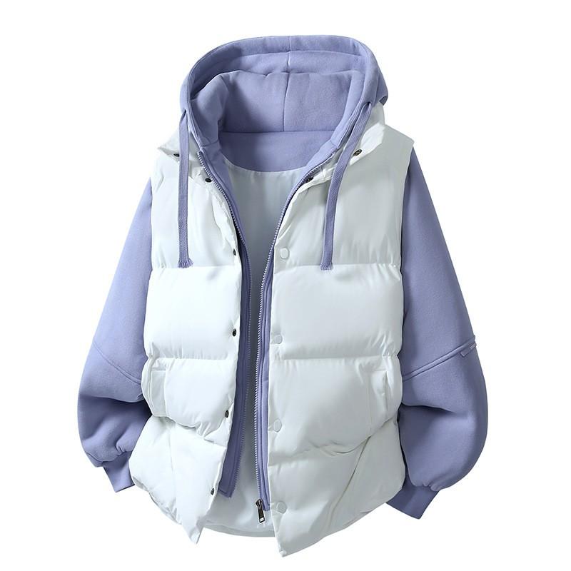 Mens Winter Puffer Jacket Faux Two-Piece Thick Hooded Loose Cotton Coat Teens