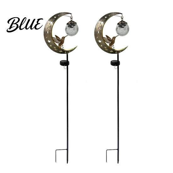 Outdoor Hummingbird Decor Moon Solar Light Metal Crescent with Crackle Glass Ball Garden Landscape Lighting Stake Pathway Light for Yard Patio Lawn