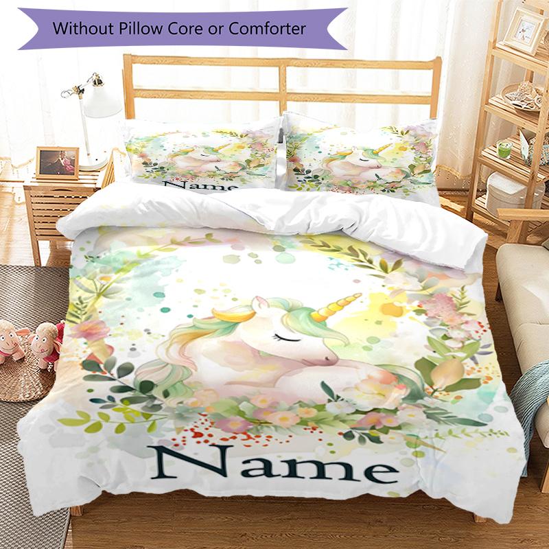 3pcs Custom Name Unicorn Bedding Set Duvet Cover Closure Includes 1 Duvet Cover & 2 Pillowcases, Soft and Comfortable for All Seasons.