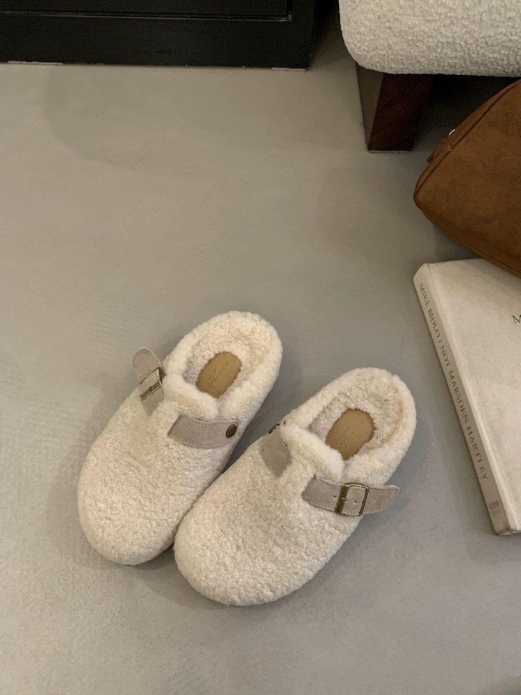 2025 new belt buckle thick-soled imitation lamb wool cotton slippers outer wear bag head fluff half-drag warm women's shoes slippers