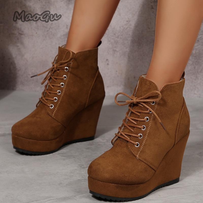 Fashion Size 36-42 Lace Up Wedge Ankle Boots Short Plush Botines Women's High Heels Suede PU Autumn Booties Fashion Botines Para Mujeres