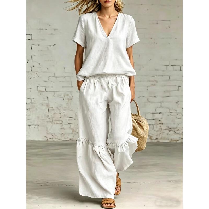 TIFICY Women's Fashion Casual Summer Spring Solid Color Print Short Sleeve V-Neck Trousers Pants Suits