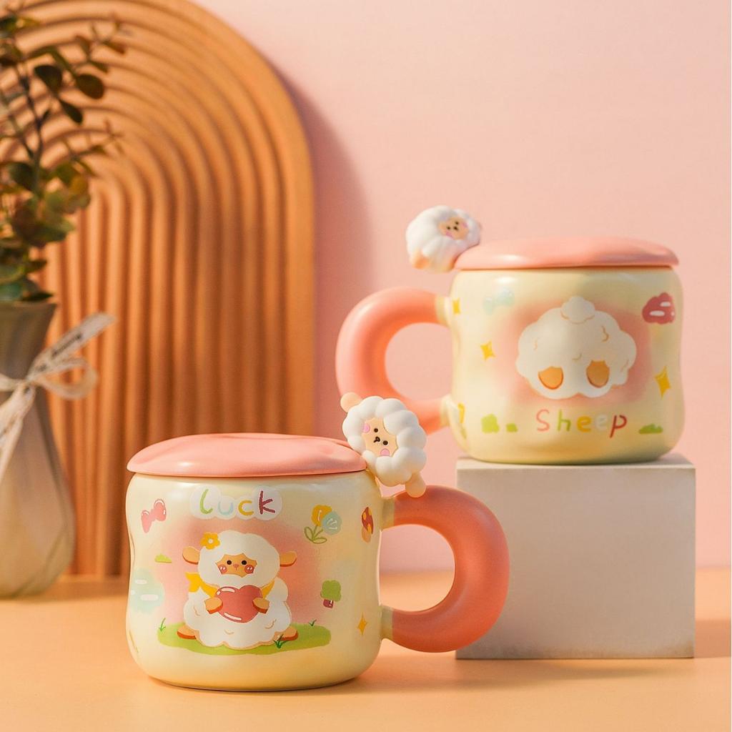 Creative Cartoon Ceramic Cup with Lid Home Office Couple Water Cup Gift Box High Value Gift Ins Wind Mug
