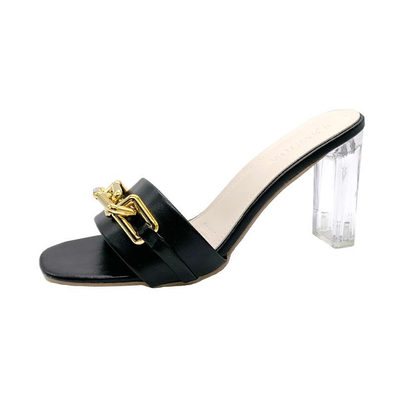 

Женские босоножки на высоком каблуке, летние новые модные корейские босоножки с большой цепочкой и квадратной головкой, черные роскошные босоножки на высоком каблуке для женщин 42 чёрный