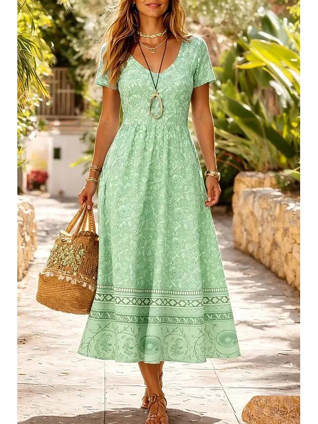 2026 Summer Mid-Waist Women's Casual Round Neck Printed Maxi Dress