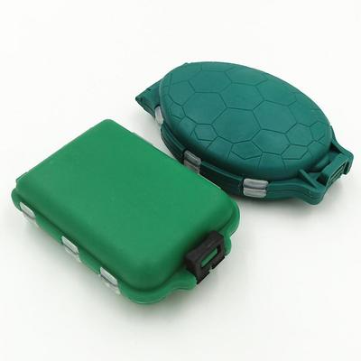 Mini Fishing Tackle Box with 10 Grids - Portable Plastic Storage for Fish Hooks and Swivels, Green Turtle-shaped Design.