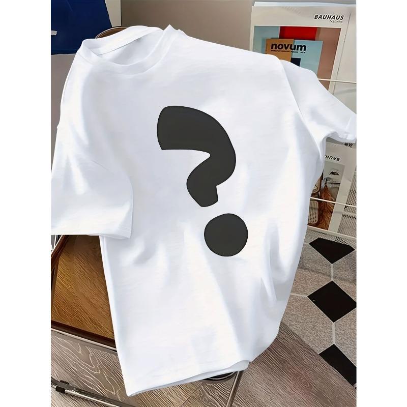 European sizes    Black Question Mark Print - Short Sleeve Round Neck Casual Summer Top for &, Breathable White Shirt with Iconic Q Mark Symbol, 98cm