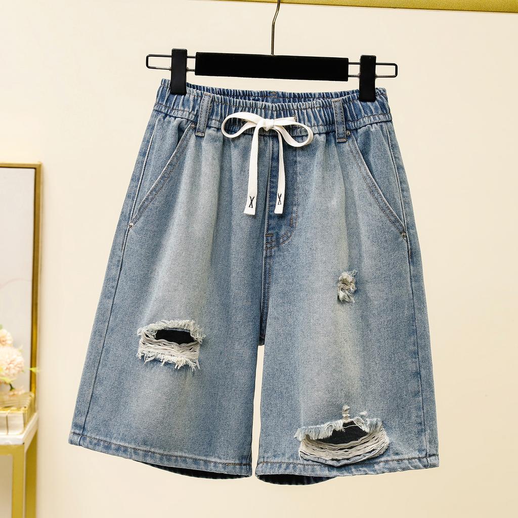 DIMANAF Plus Size Summer 2025 Casual Women Jeans Shorts Pants Loose Hole Basic High Waist Pants Elastic Waist