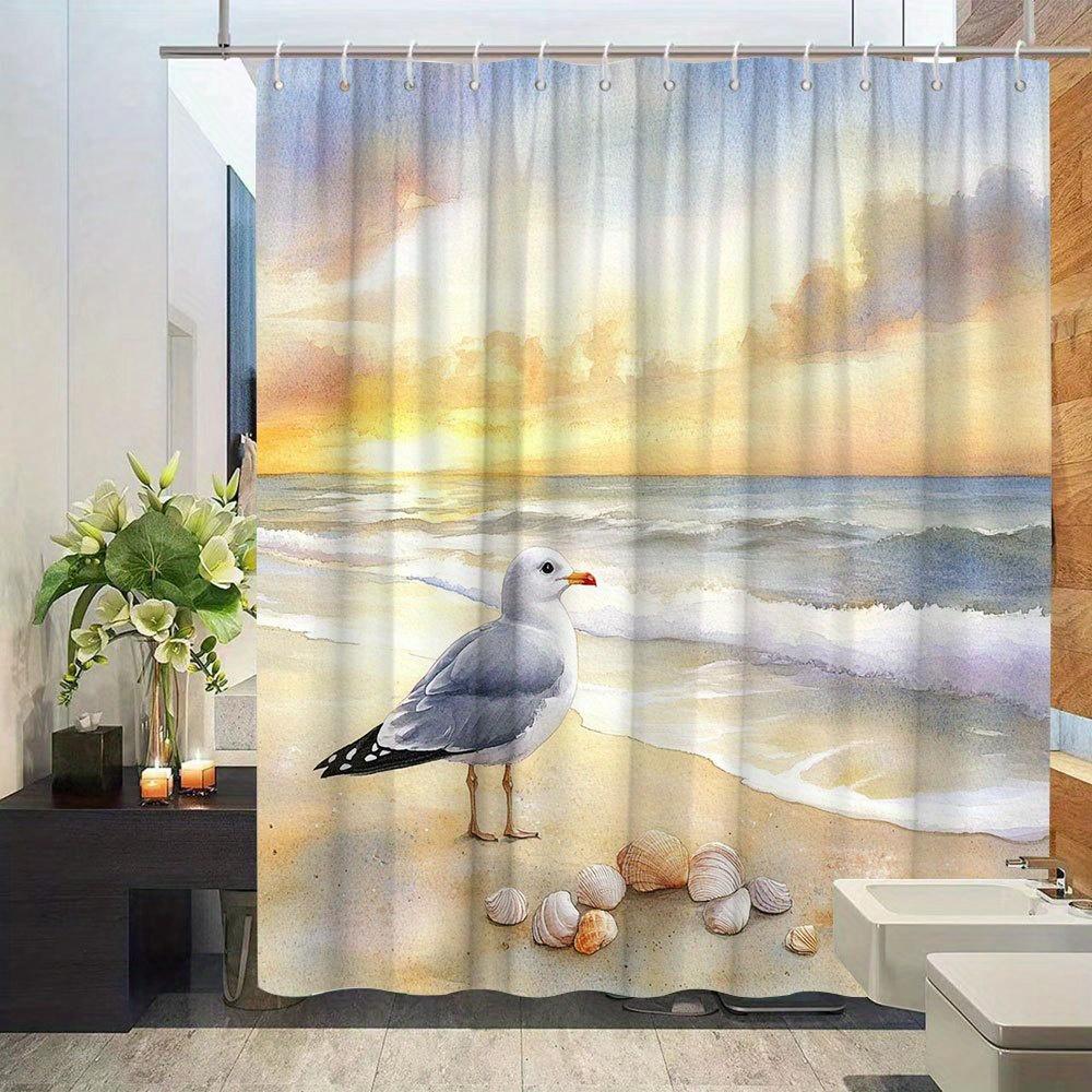 Ocean Scenery Shower Curtain - Sunset Beach Watercolor, Seagulls & Shells, Natural Landscape, Polyester Fabric,Includes 12 Hooks