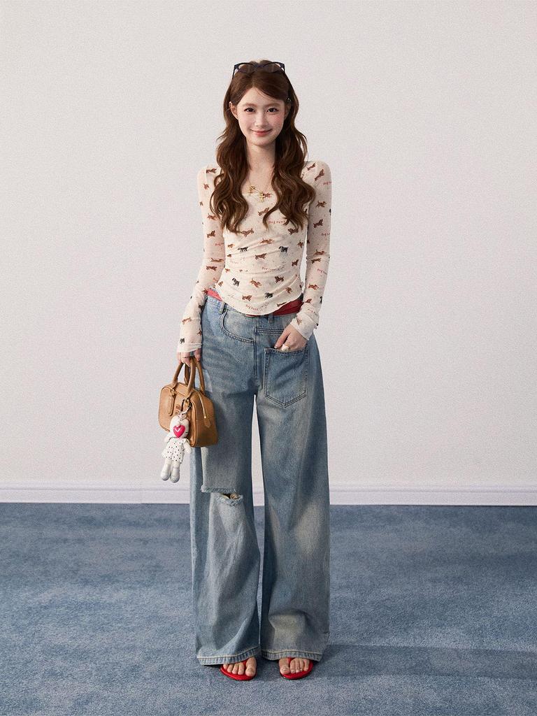 Puppy Print Slim Fit Backless U-Neck Long Sleeve Top - Women's Korean Style Waist-Defining Short T-Shirt for Spring, Autumn, Winter