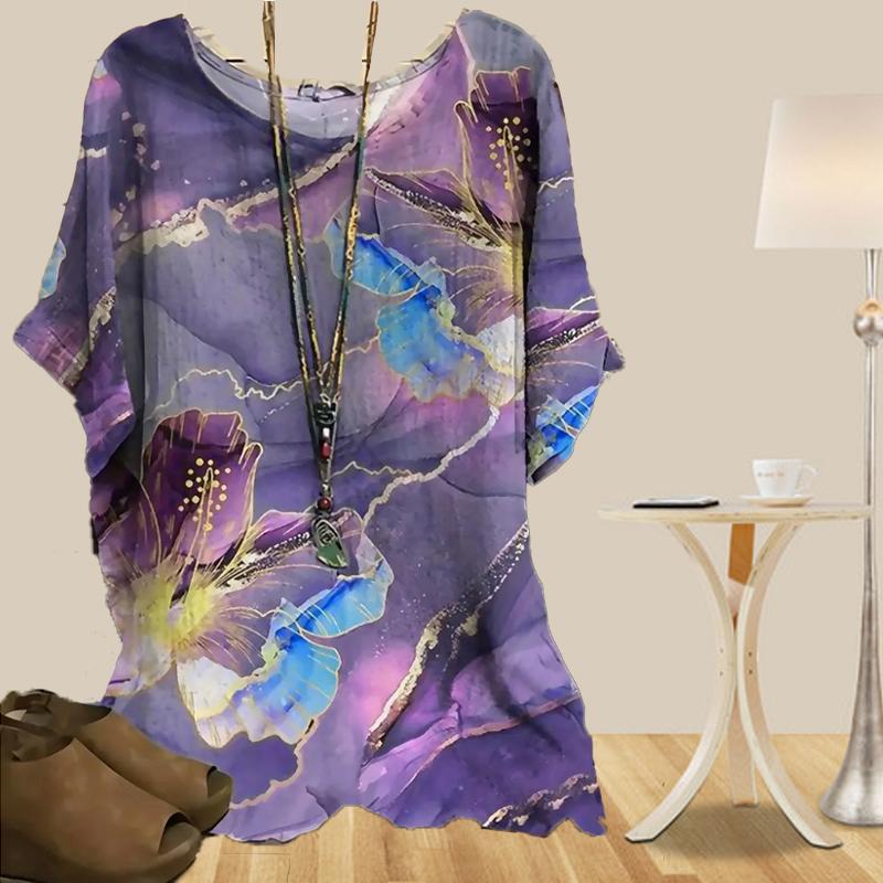 Women's Casual Loose Spring Shirt Women's Short Sleeve Grid Striped Peach Blossom Printed Tops