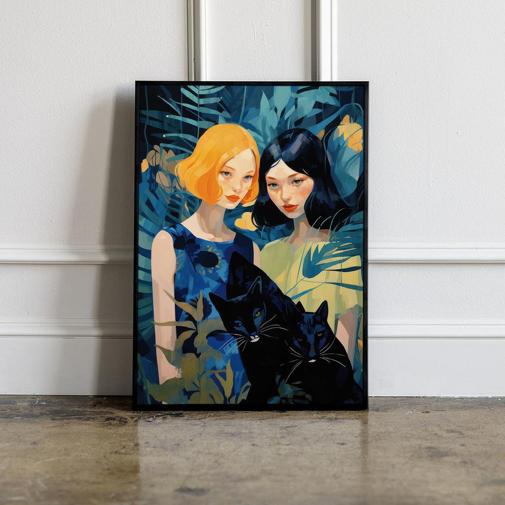 Plakat ilustracja dziewczyny koty