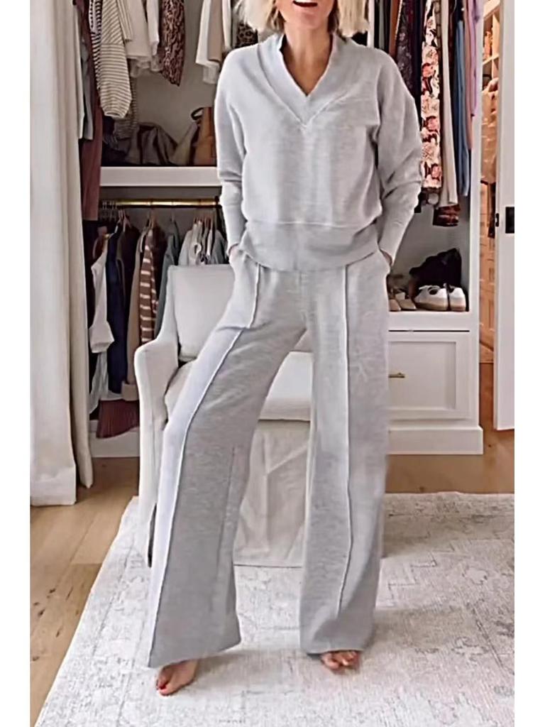 2025 Autumn/Winter V-neck Long Sleeve Loose Solid Color Women's Fashion Casual Pants Set