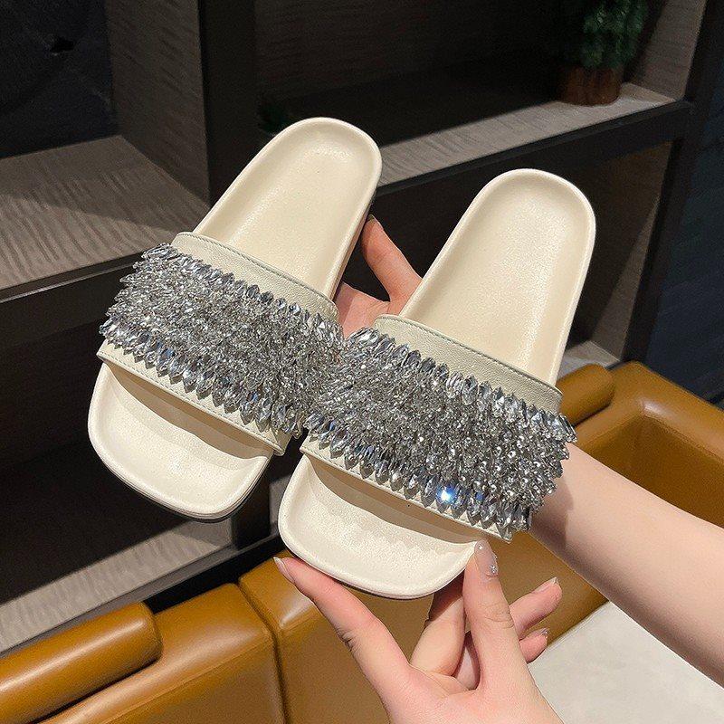 Cool Slippers Women'S Summer Fashion Outer Wear Casual Open-Toed Sandals Flat Bottom One-Word Buckle With Rhinestones
