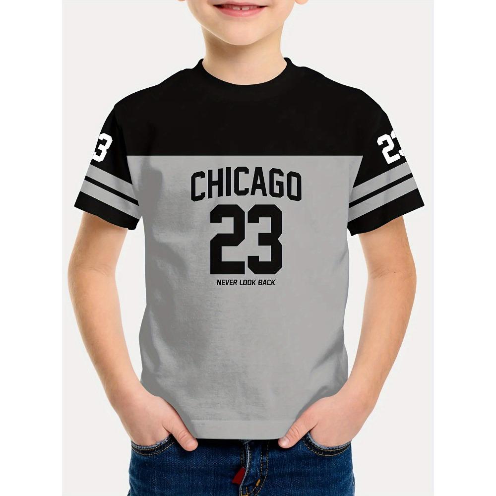 

Boys Chicago 23 Pattern T-shirt - Breathable Polyester, Contrast Sleeves, Round Neck Casual Summer Top, Trendy Boys Shirt 140