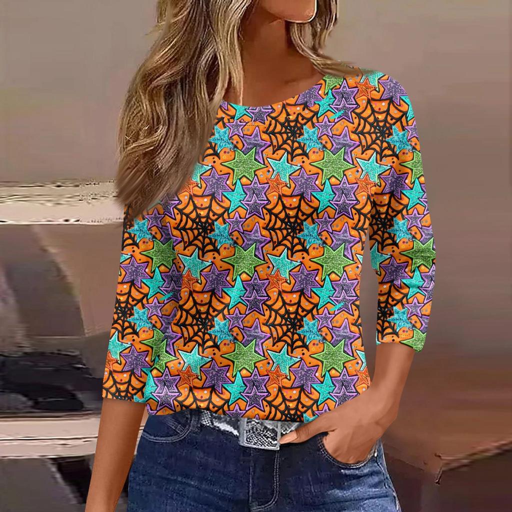 Women's Fashion Casual Three-quarter Sleeve Halloween Printed Round Neck Top