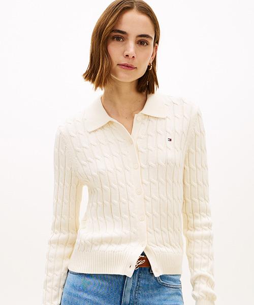 TOMMY HILFIGER Cotton Cable Polo Cardigan (T22G1Kcd051Wt2Aef)