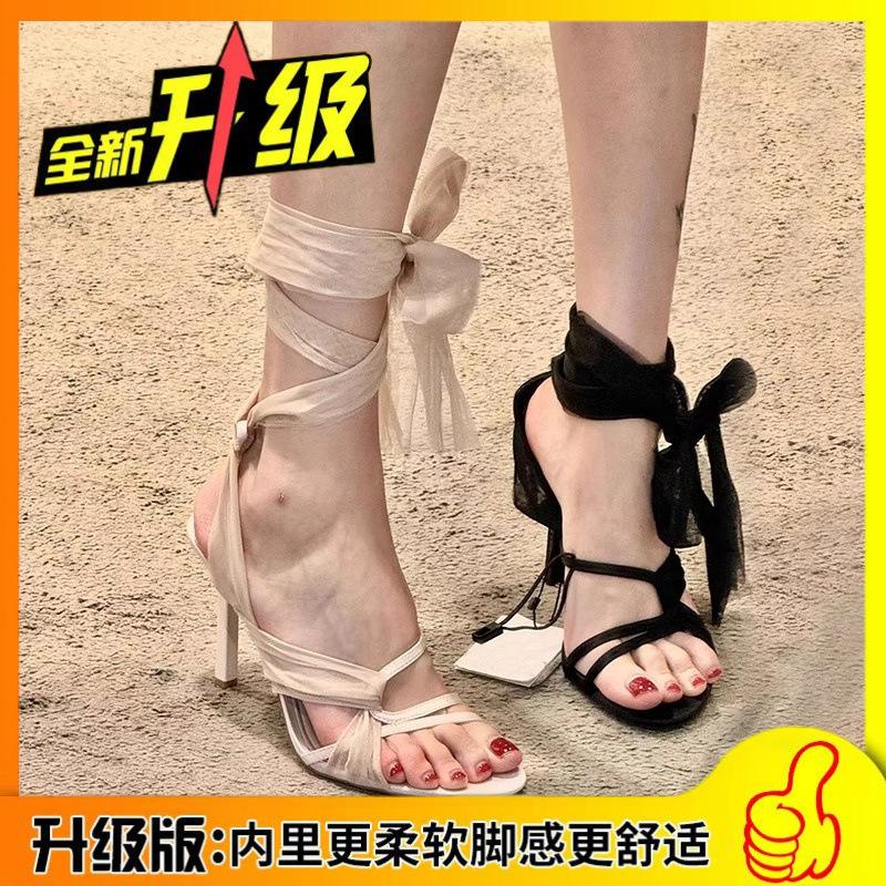 Fairy style elegant tulle cross-strap high heels female 2025 new round head open-toed stiletto Roman sandals