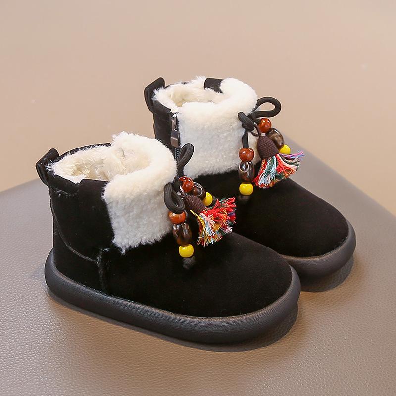 [Winter Retro Ethnic Beaded Snow Boots Maillard Fringe Ankle Boots Trendy Baby Shoes]