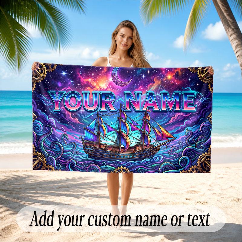Space Cosmic Theme Soft Beach Towel Personalized Custom Name Text Towel Portable for Beach Pool Travel