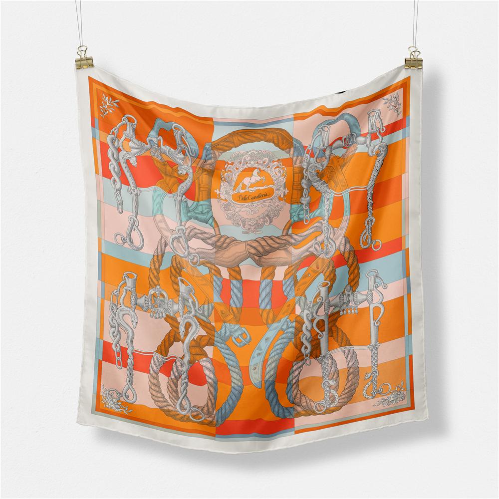 Twill Silk Scarf Woman Rope Chain Painting Square Scarves Wraps Bandana Small Hijab Silk Foulards Tie Headband Neckerchief 53CM