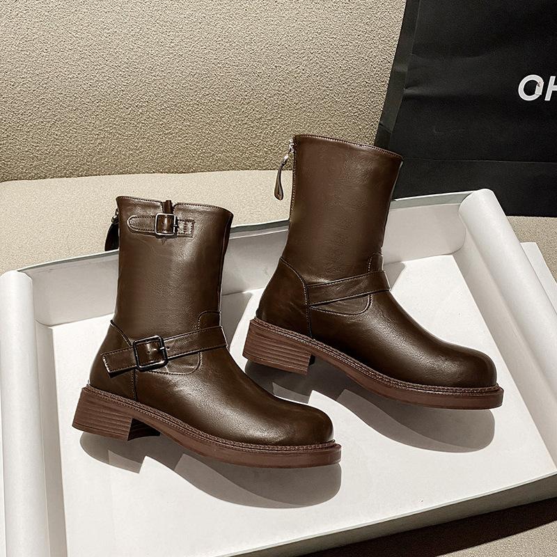 Cowhide~ Maillard boots retro leather medium boots women's belt buckle short boots thick-soled Martin boots thin boots