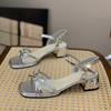 One Word with Temperament Sandals Women's 2025 Summer New Versatile Bow Thick Heel Thick Sole Square Head Fashion High Heels