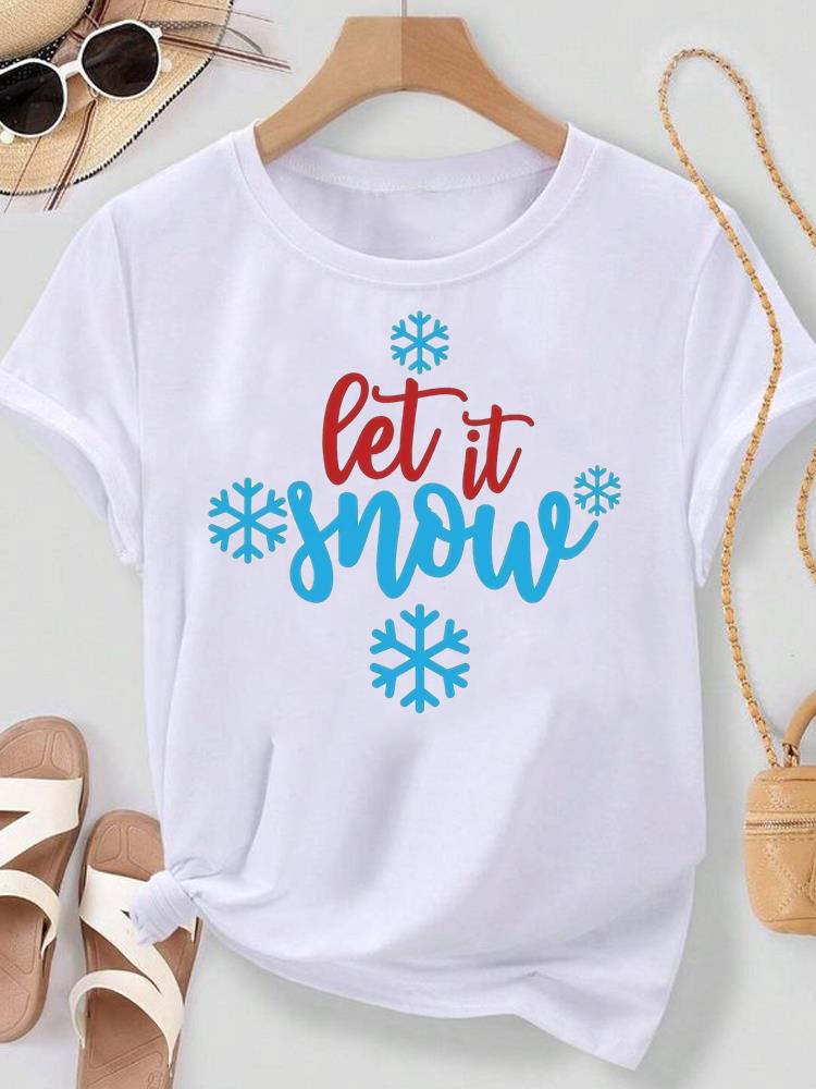 (Asian Size) Lovely Watercolor Cute Merry Christmas New Year Women's Top T Tee Festival O-neck Clothing Print Fashion Ladies Graphic T-shirts