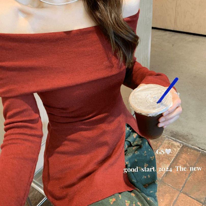 

Шикарный французский трикотажный топ на одно плечо с рукавом-разрезом для женщин - Осенне-зимний сексуальный облегающий базовый слой One Size красный