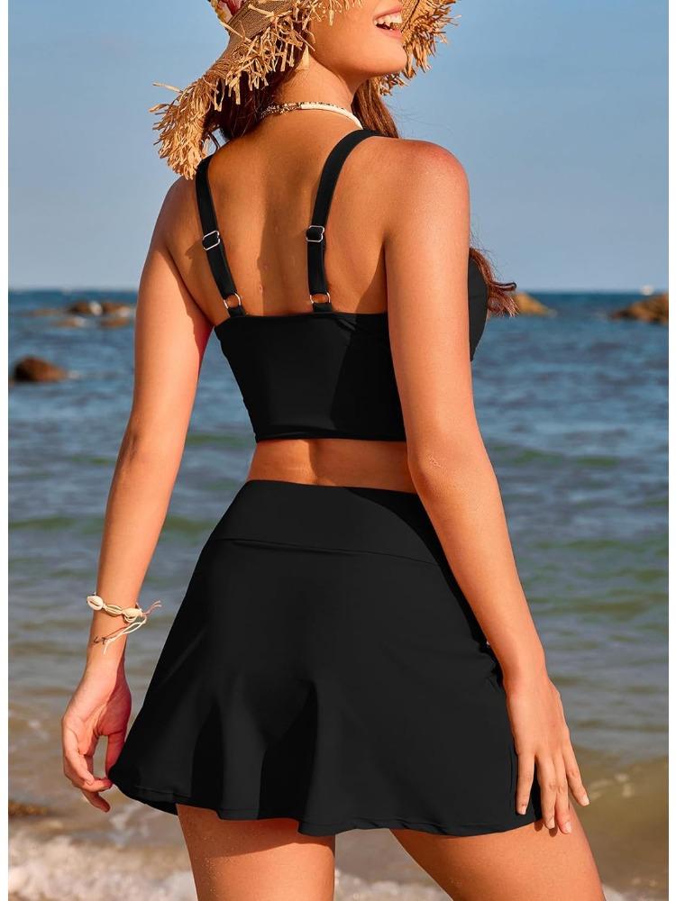 Solid Push Up High Waist Skort Sexy Two Piece Bikini Set Elegant Slimming