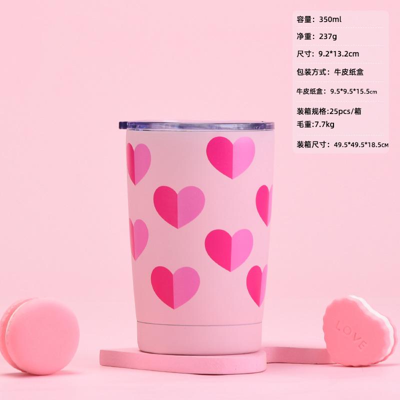 Edelstahl Thermobecher mit Strohhalm, Milchteebecher, Kaffeebecher, Valentinstagsset, Tragbarer Griff Sportwasserbecher