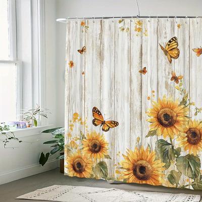 Sunflower and Butterfly Pattern, Artistic Graphic Print, Machine Washable Bathroom Curtain - Animal Themed Decorative Accessory