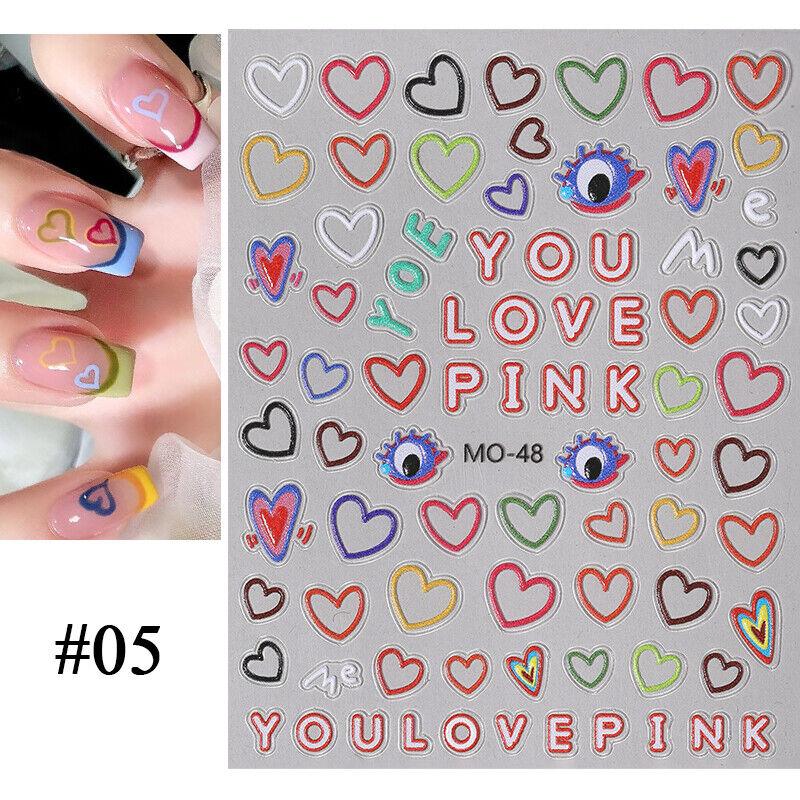 5D Nagelaufkleber mit Cartoon-Prägung und bunten Herzmustern, kindliche Aufkleber