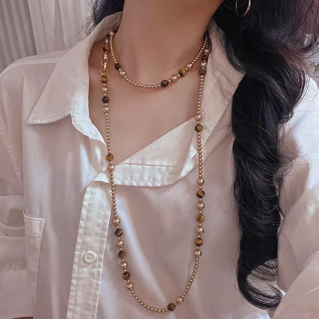 Maillard High Gloss Perfect Round Artificial Crystal Pearl Natural Tiger'S Eye Necklace Clavicle Chain Sweater Chain