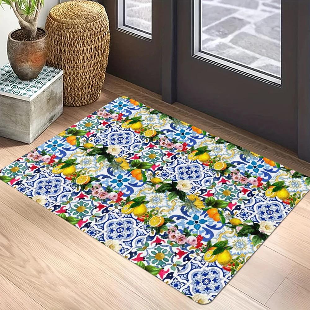 Blau Weiß Muster Teppichmatte - Symmetrisches Design Mediterran Geometrisch Vintage Traditionell Dekorativ Heimdekoration Teppich