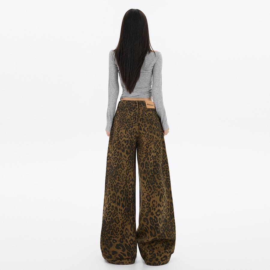 American Streetwear Retro Leopard Casual Pants Women Autumn Winter Fashion Design Versatile Slim Fit Wide Leg Long Pants
