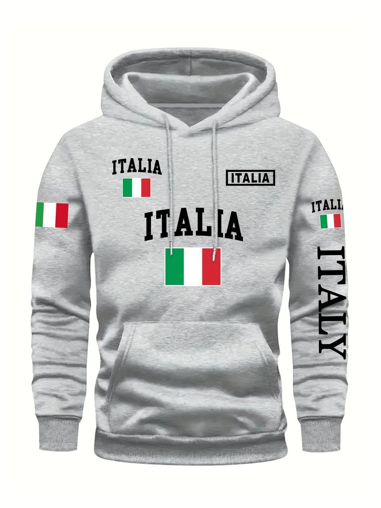 Men's Stylish Graphic Hoodie Black Casual Pullover Front Pocket Comfortable Polyester Blend Machine Washable Italy Sweatshirt