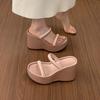 French fairy style thick-soled heightened one-word slippers for women's summer wear 2025 new simple satin thick-heeled sandals
