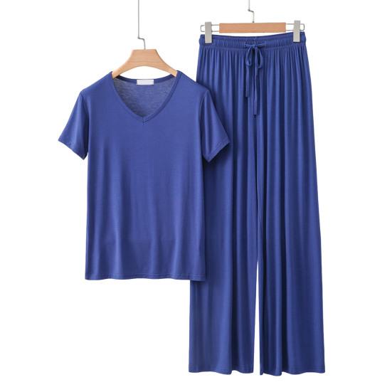 

Женский комплект пижамы из 2 предметов, повседневный, с V-образным вырезом, с короткими рукавами, пуловер, комплект брюк с широкими штанинами, летние наряды для отдыха M синий