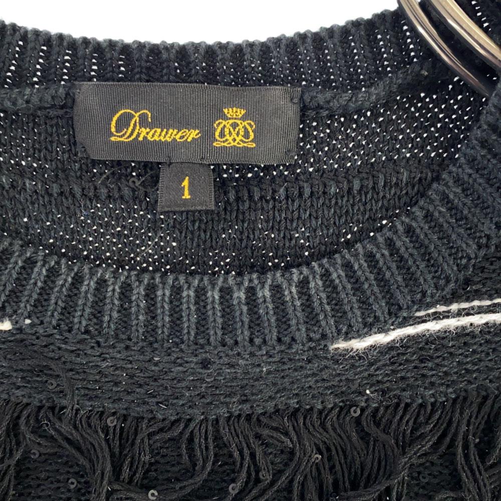 Drawer Border Short Sleeve Fringe Knit 1 Black Cut Women Used