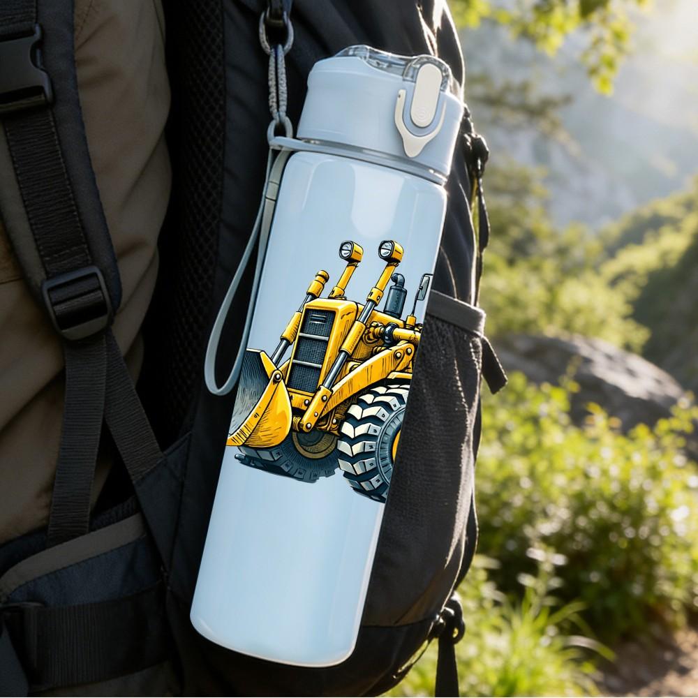 1PC Yellow Wheel Loader Construction Print 750ml Color Plastic Sports Water Bottle Leakproof Flip Straw Lid Suitable for Sports Office Home Use