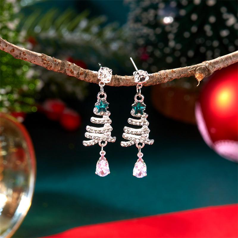 Colorful Crystal Zircon Snowman Dangle Earrings Cute Christmas Tree Snowflake Bow Studs For Women Holiday Party Gifts