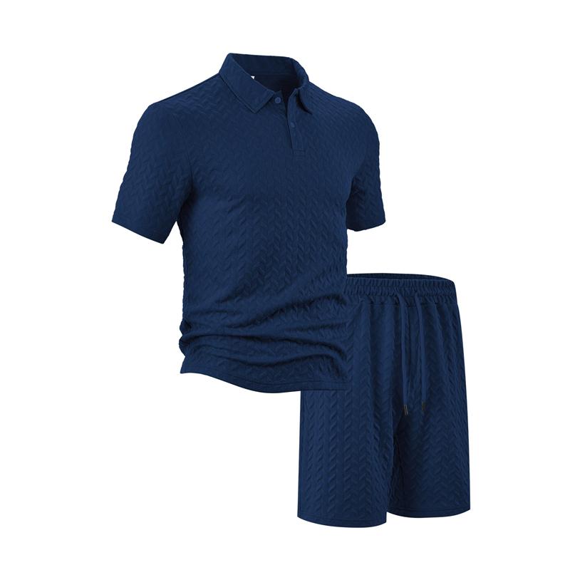 Summer New Men's Polo Shirt Set Casual Sporty Cool Fashionable Slim Fit Solid Color Short Sleeved Jacquard Shorts Set Men's