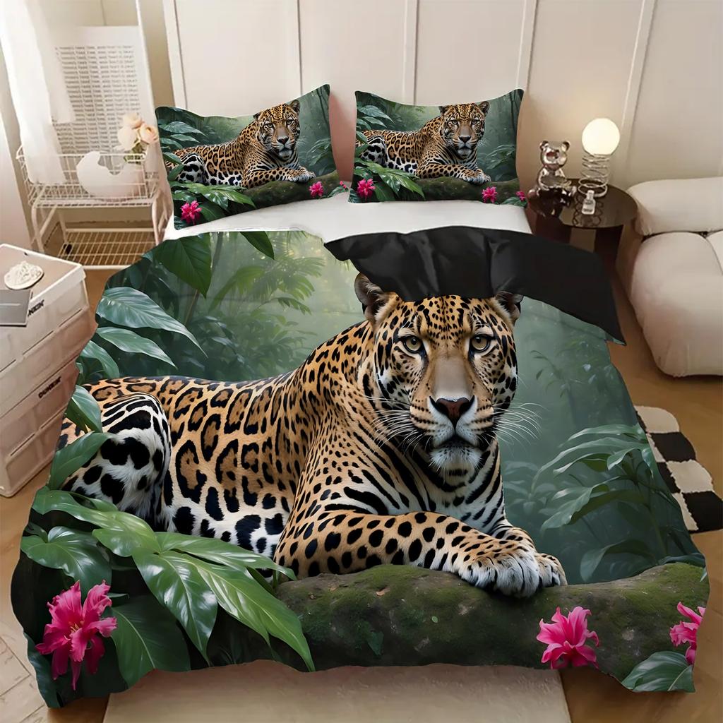 Leopard Flower Pattern Polyester 3D Printed Quilt Cover Comfortable Bedding Cover Luxury Animal Theme Duvet Cover Set Pillowcase