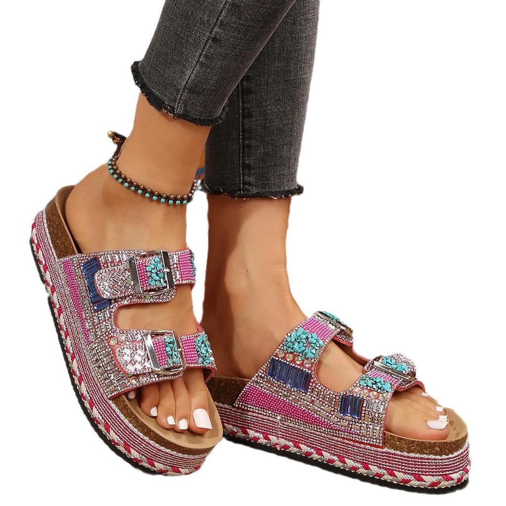 Vintage Rhinestone Double Buckle Cork Slippers for Women,Thick-Soled Summer Slides,Comfortable and Fashionable Beach Slippers