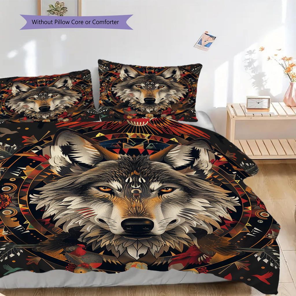 Primitive Wolf Pattern Bedding Quilt Set Quilt Cover Pillowcase Home Decoration Birthday Gift (1 * duvet cover + 2 * pillowcase, without core)