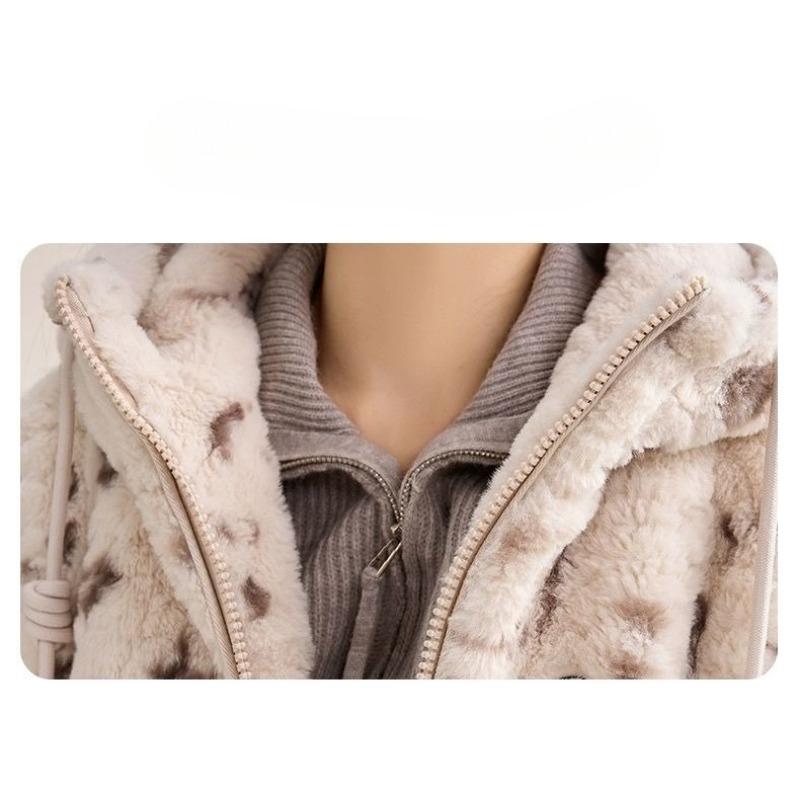 Cozy Faux Rabbit Fur Hooded Jacket Vintage Spots Fluffy Winter Coat Warm Thickened Premium Outerwear