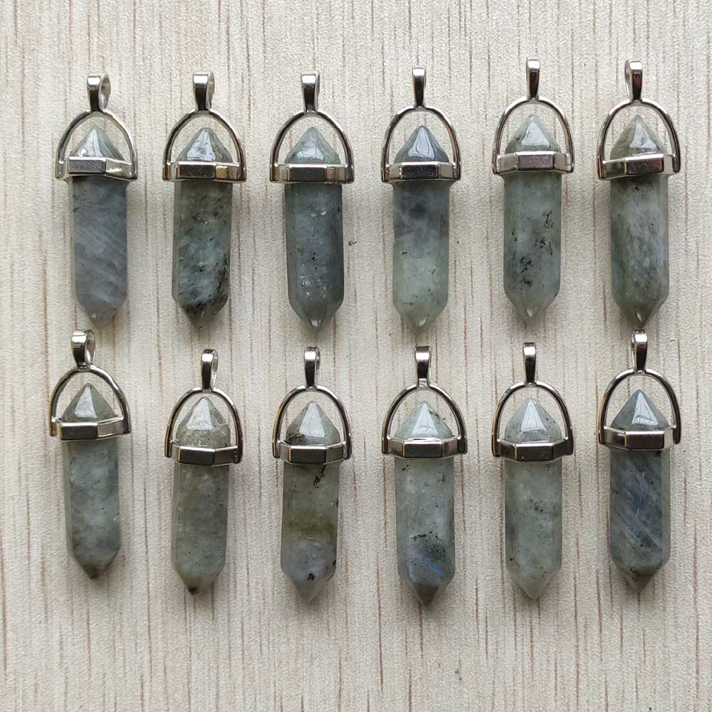 Natural stone quartz aventurine lapis crystal hexagonal pillar Pendants for Jewelry accessories 12pcs