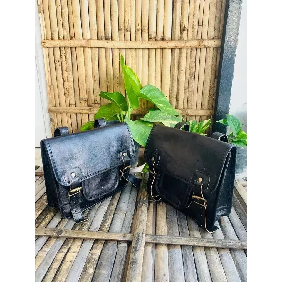 Goat Leather Messenger Satchel Black Motorcycle Handmade Bag.  ( Free Gift Tool Bag Black Size - 9 X 5 X 4 In )