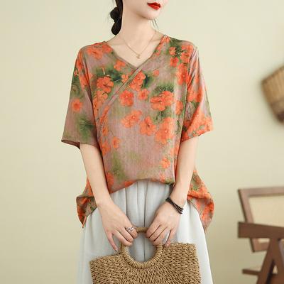 Cotton and Linen Large-size Women's Clothing for Summer Light, Loose and Versatile Casual New Chinese Style Irregular Five-point Sleeve Top